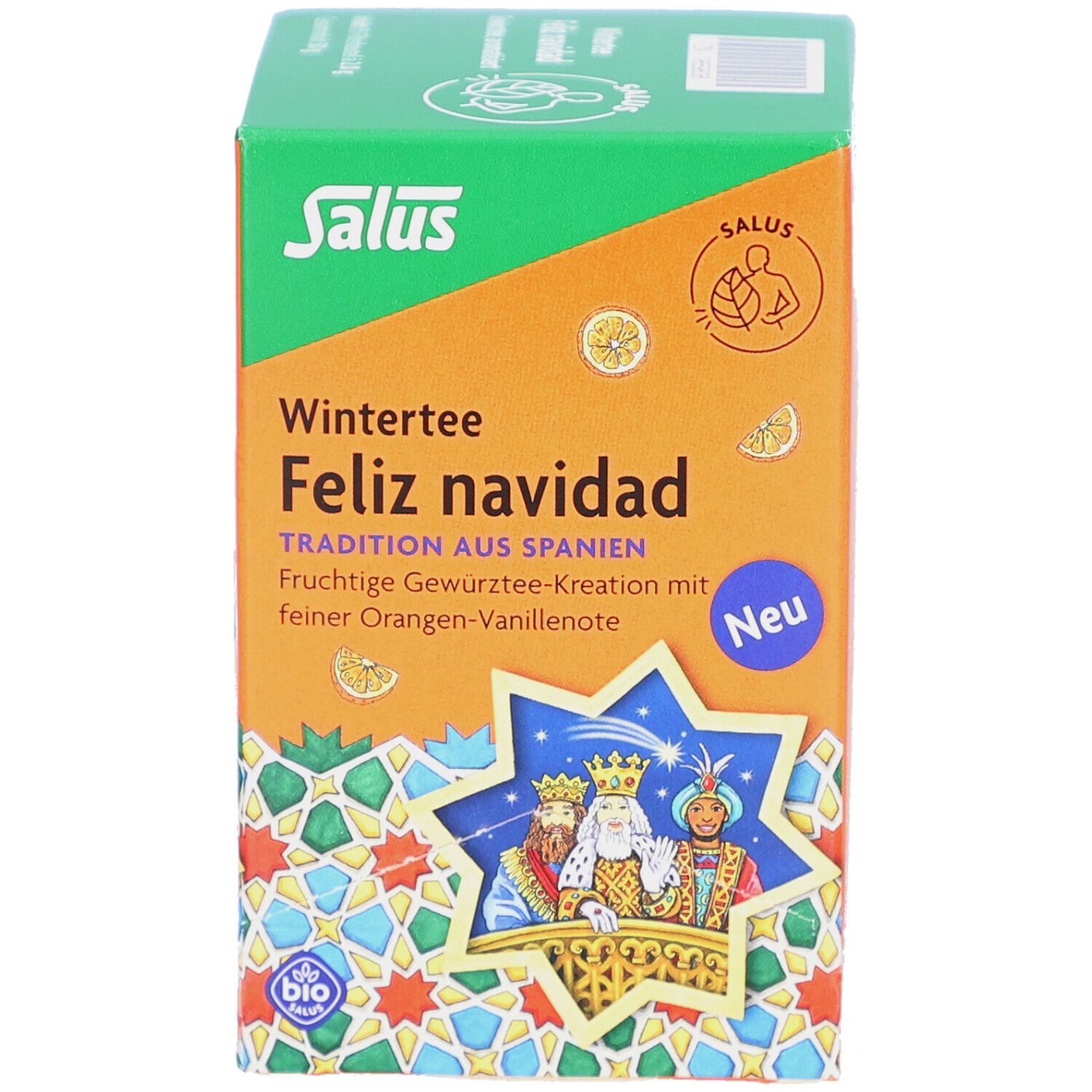Emballage de Salus Wintertee Feliz navidad. Boîte verte et orange avec nom du produit, logo et illustrations. Label bio.