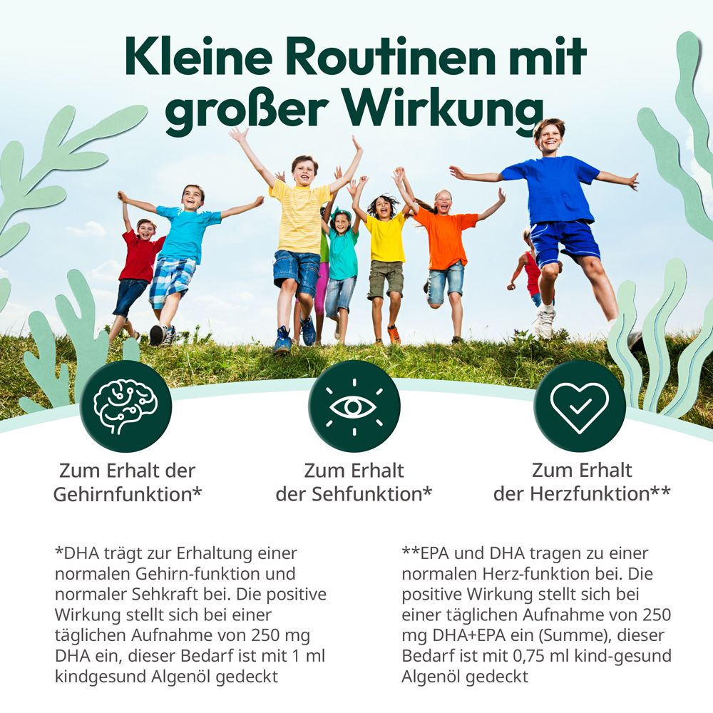 Kinder stehen mit erhobenen Armen. Text: Kleine Routinen mit großer Wirkung. Grafiken: Gehirn, Auge, Herz.