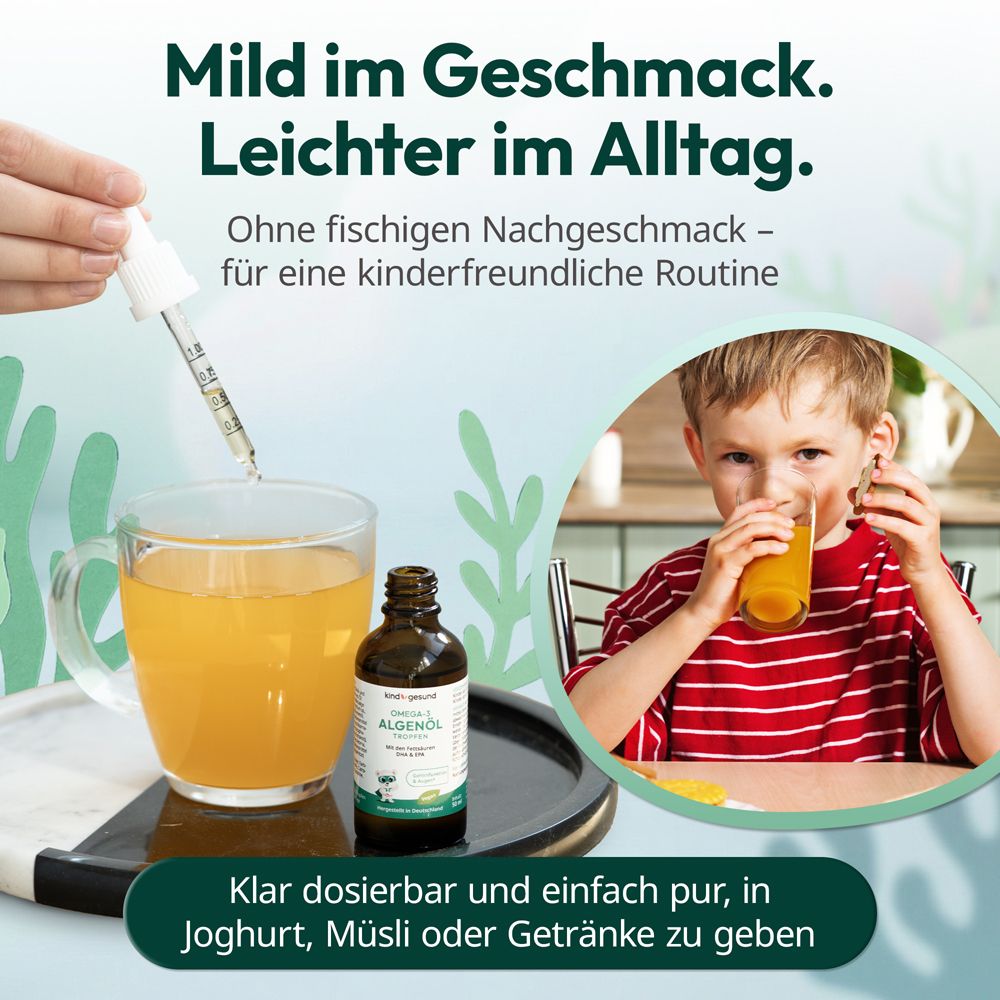 Kind trinkt Saft. Flasche mit Tropfer daneben. Text: Mild im Geschmack. Klar dosierbar in Joghurt, Müsli oder Getränke.