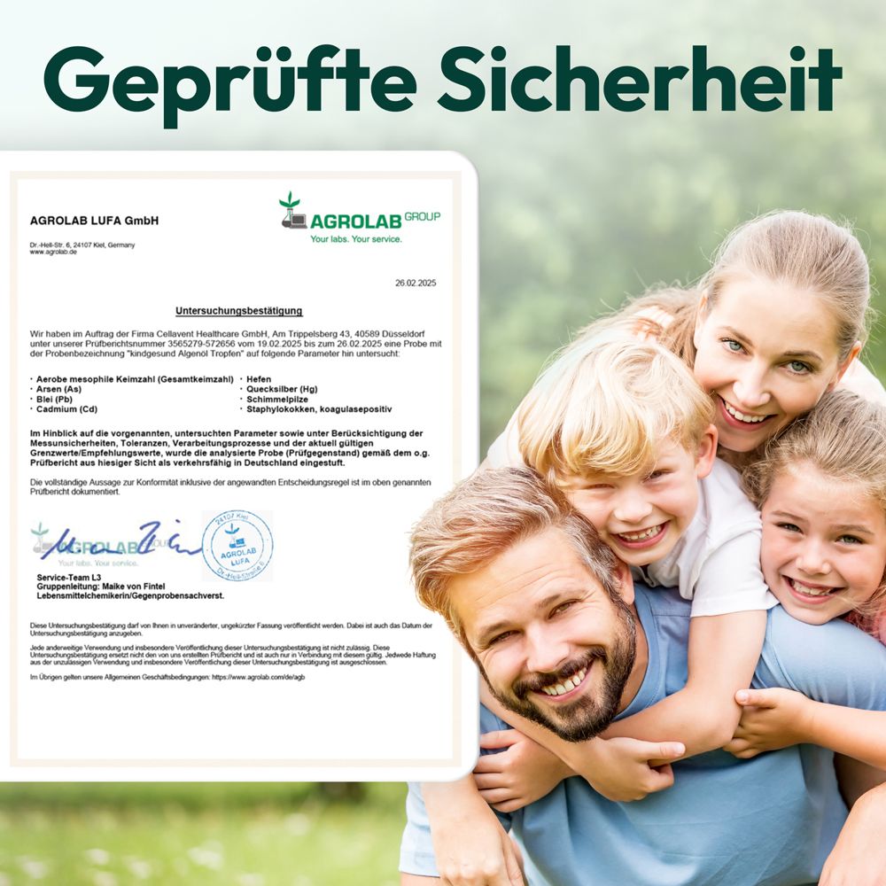 Zertifikat der Agrolab LUFA GmbH. Text: Geprüfte Sicherheit. Unterschrift und Stempel. Familienfoto im Hintergrund.