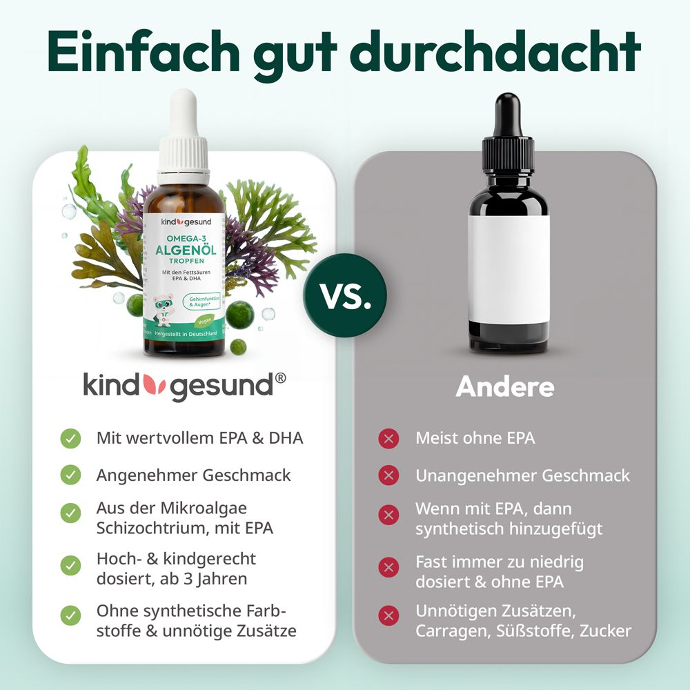 Vergleich: Algenöl Tropfen vs. Andere. Algenöl: Mit EPA & DHA, angenehmer Geschmack, Mikroalgen. Andere: Ohne EPA, unangehm.
