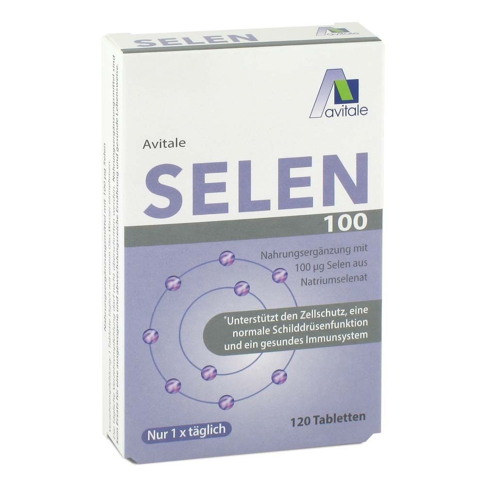Boîte de SELEN 100 µg comprimés. Marque Avitale. 120 comprimés. Texte : Complément alimentaire, 100 µg sélénium, protection cellulaire, système immunitaire.