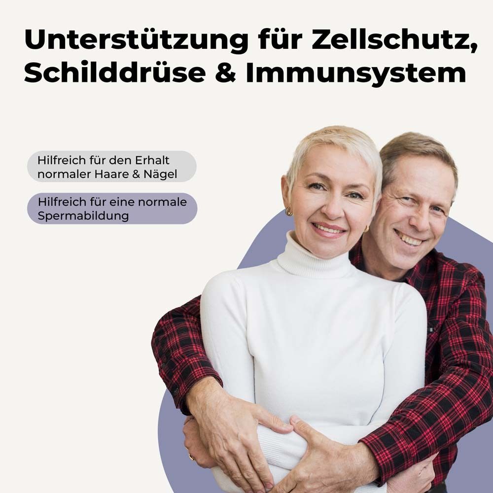 Un couple âgé sourit. Texte : Soutien pour la protection cellulaire, la thyroïde et le système immunitaire. Utile pour les cheveux, les ongles et la spermatogenèse.