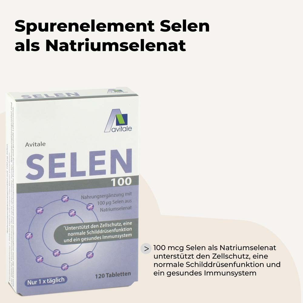 Emballage du produit SELEN 100 µg comprimés. Texte : Sélénium en tant que séléniate de sodium. 100 mcg sélénium, protection cellulaire, système immunitaire.