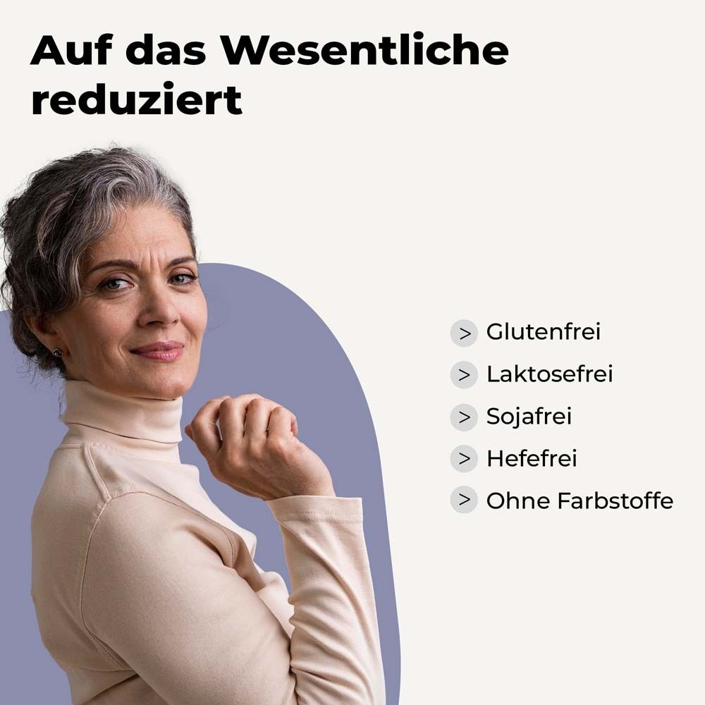 Une femme sourit. Texte : Sans gluten, sans lactose, sans soja, sans levure, sans colorants.