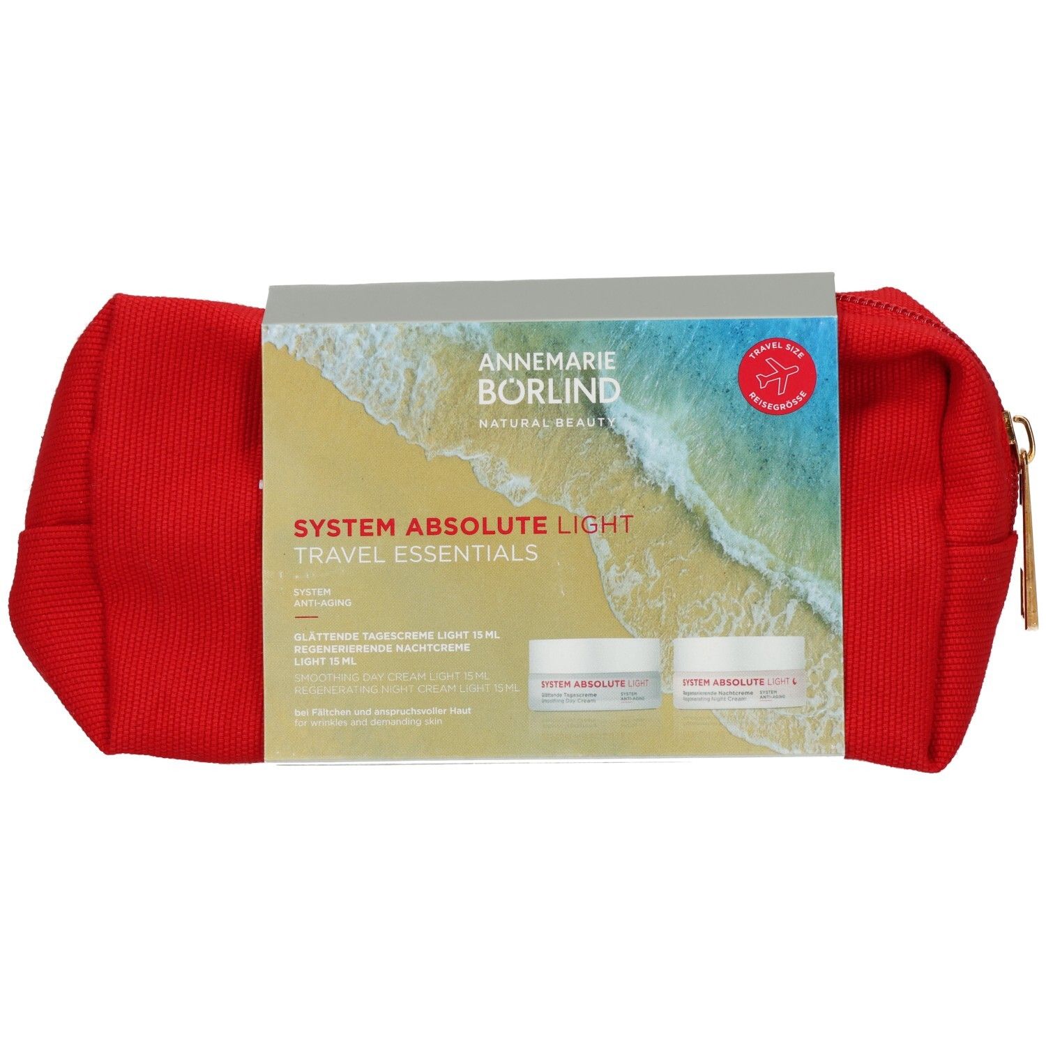 Rotes Kosmetiktäschchen mit zwei Cremes. Auf der Verpackung: SYSTEM ABSOLUTE LIGHT TRAVEL ESSENTIALS. Marke: ANNEMARIE BÖRLIND.