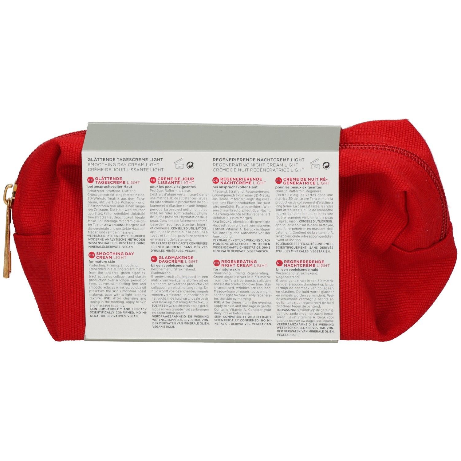 Rotes Kosmetiktäschchen mit Text auf der Verpackung. Text in Deutsch, Englisch, Französisch und Italienisch. Cremes: GLÄTTENDE TAGESCREME LIGHT, REGENERIERENDE NACHTCREME LIGHT.