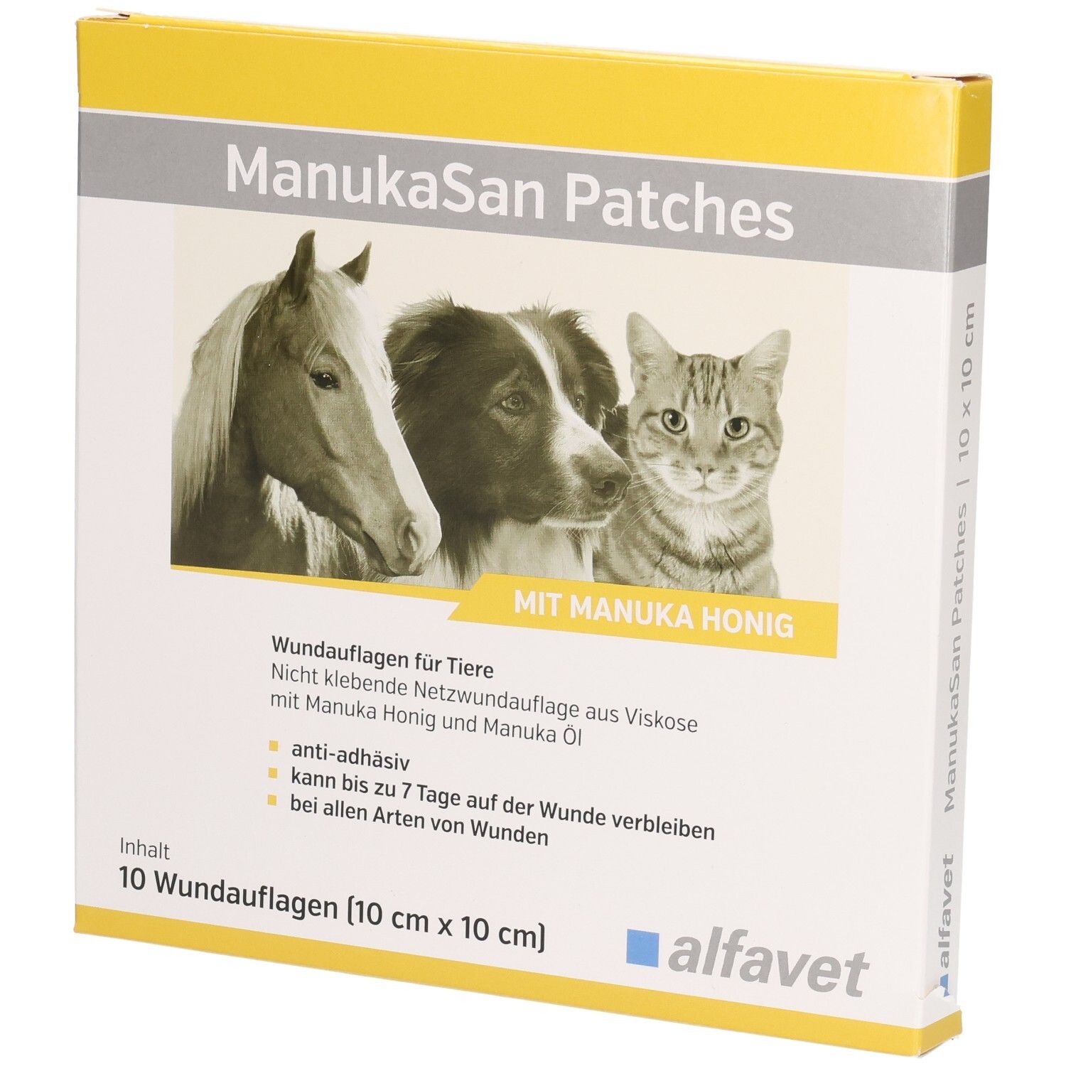 Verpackung von ManukaSan Patches. 10 Wundauflagen für Tiere, 10 cm x 10 cm. Mit Abbildungen von Pferd, Hund und Katze.