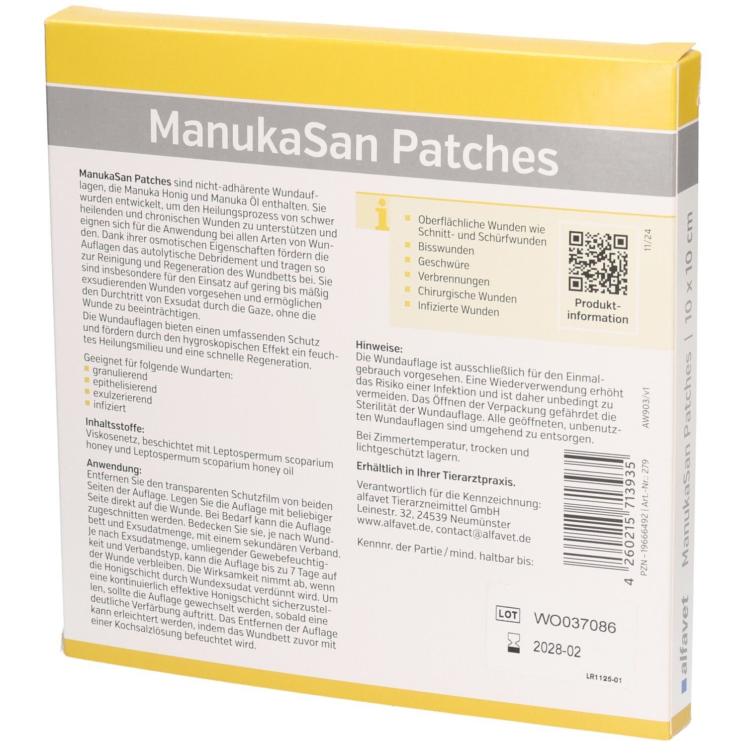 Rückseite der ManukaSan Patches Verpackung. Textinformationen und QR-Code. Größe: 10 x 10 cm.