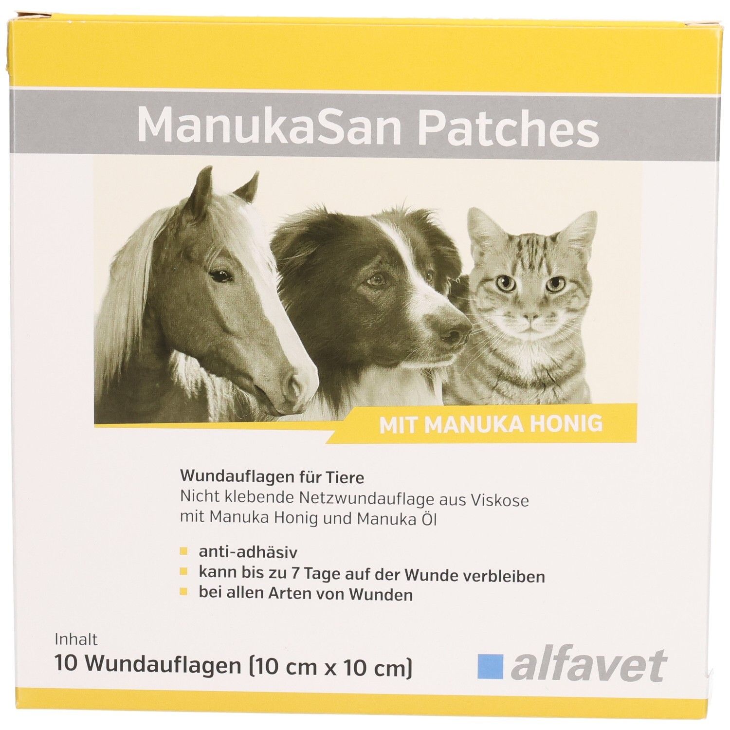 ManukaSan Patches Verpackung. 10 Wundauflagen für Tiere. Abbildungen von Pferd, Hund und Katze. Mit Manuka Honig.
