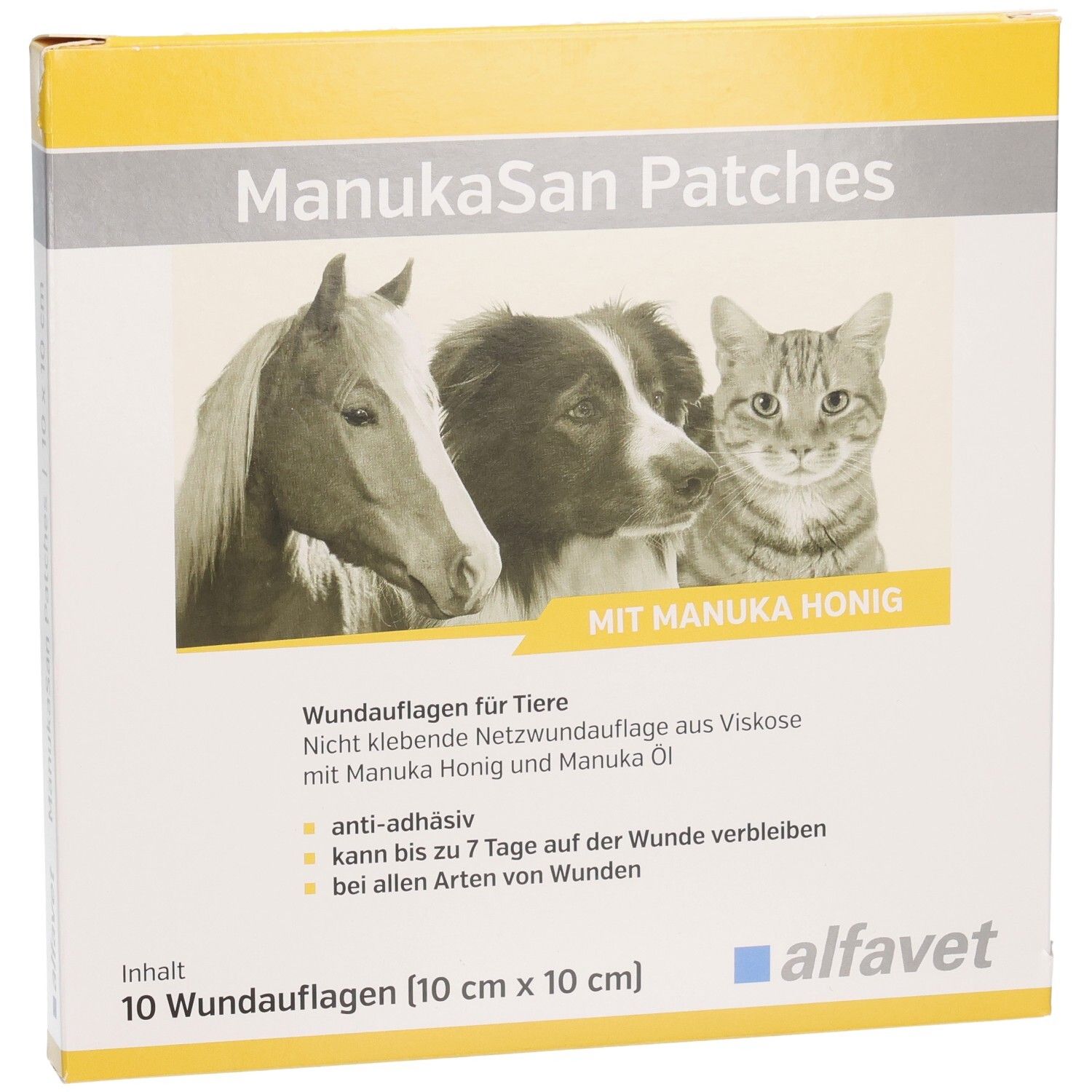 ManukaSan Patches Verpackung. 10 Wundauflagen für Tiere. Abbildungen von Pferd, Hund und Katze. Mit Manuka Honig.