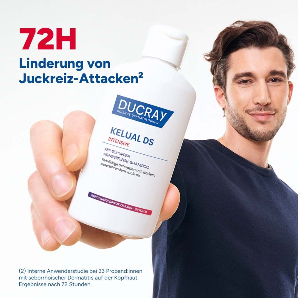 Homme avec cheveux. Texte: Pellicules, démangeaisons, brûlures. Texte sur l'utilisation.