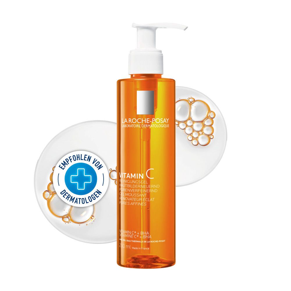 La Roche-Posay Vitamin C Reinigungsgel. Orangefarbene Flasche mit Pumpe. Aufkleber mit Produktinformationen und Logo.