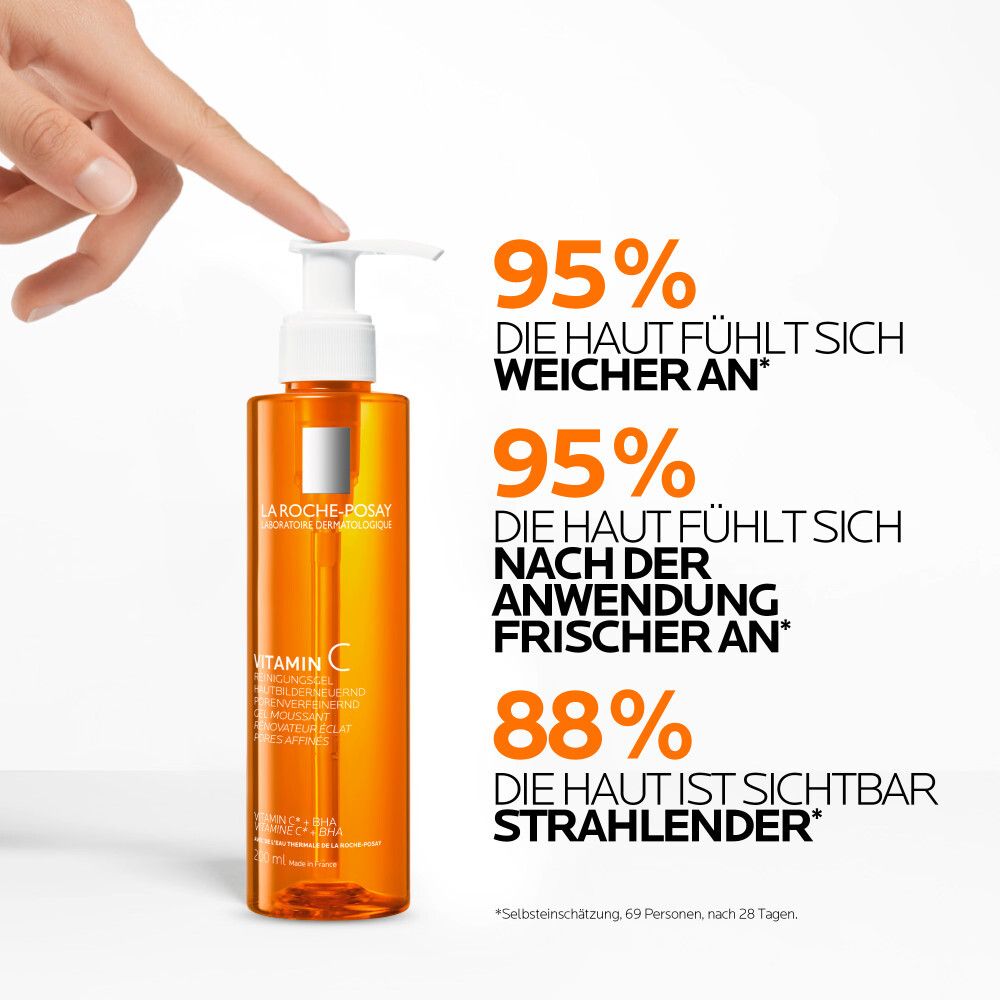 La Roche-Posay Vitamin C Reinigungsgel. Flasche mit Pumpe. Text: 95% weichere Haut, 95% frischer, 88% strahlender.
