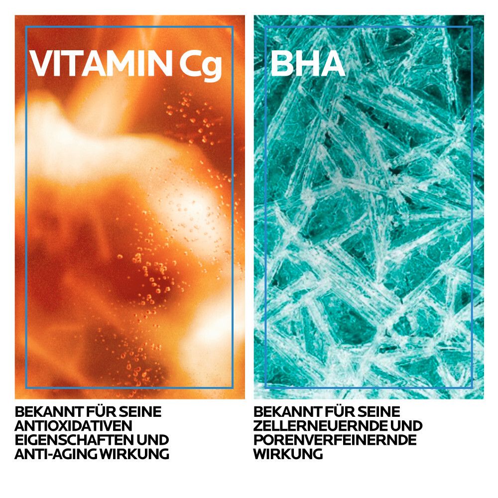 Zwei Textfelder: Vitamin Cg, bekannt für antioxidative Eigenschaften. BHA, bekannt für zellerneuernde und porenverfeinernde Wirkung.