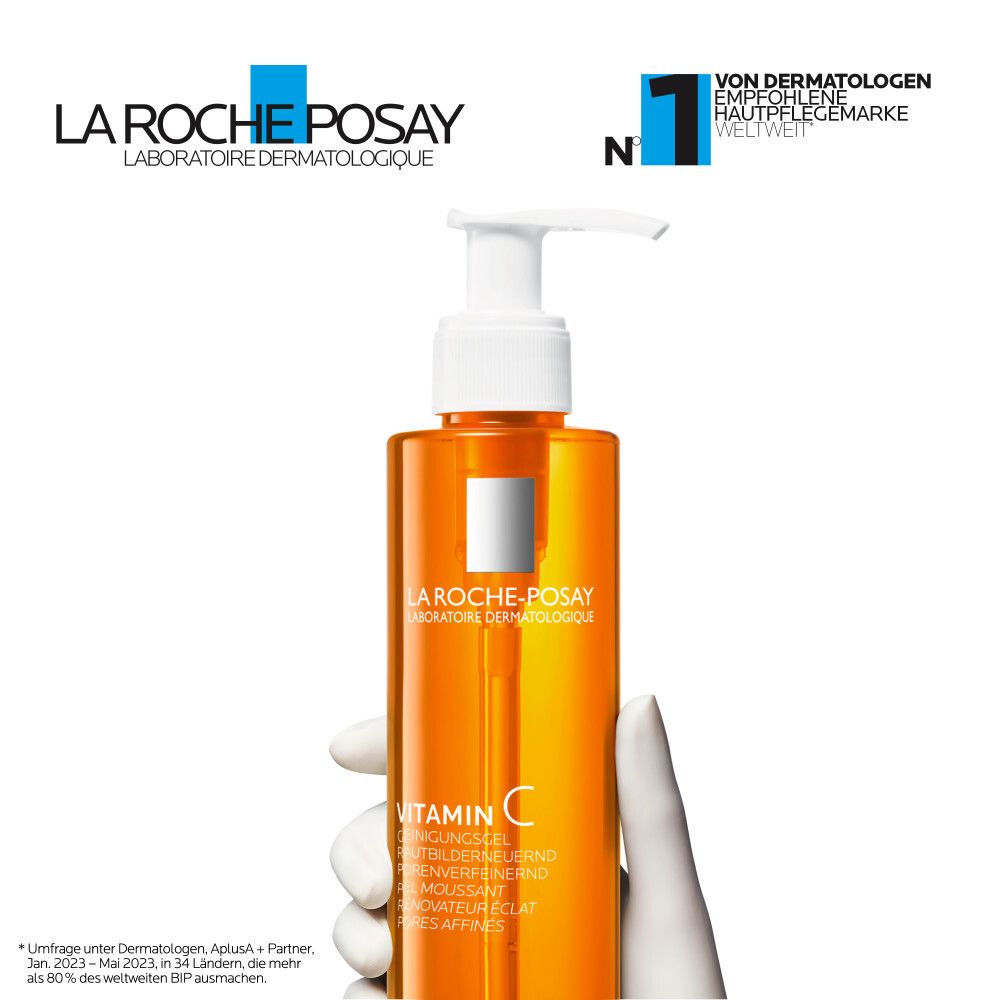 La Roche-Posay Vitamin C Reinigungsgel. Flasche mit Pumpe. Logo und Text: Von Dermatologen empfohlen. Nr. 1 Hautpflegemarke.