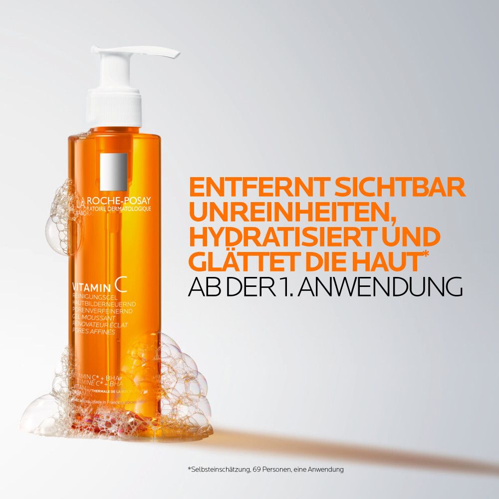 La Roche-Posay Vitamin C Reinigungsgel. Flasche mit Pumpe. Text: Entfernt Unreinheiten, hydratisiert, glättet ab der 1. Anwendung.