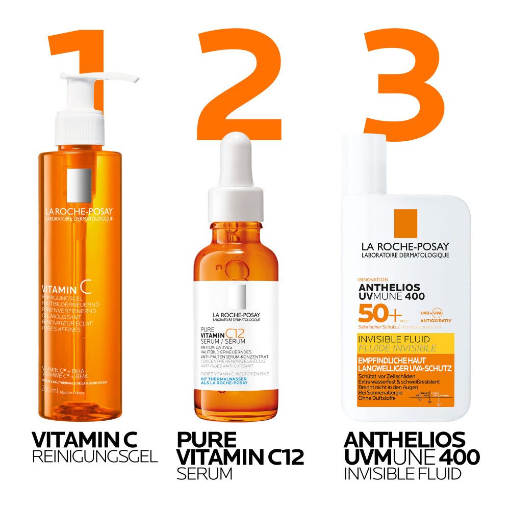 Drei Produkte: Vitamin C Reinigungsgel, Pure Vitamin C12 Serum, Anthelios UVMune 400 Invisible Fluid.