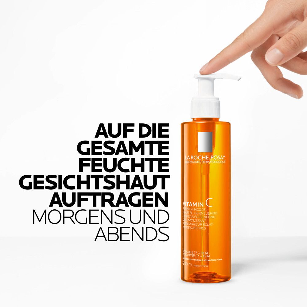 La Roche-Posay Vitamin C Reinigungsgel. Flasche mit Pumpe. Text: Auf die gesamte feuchte Gesichtshaut auftragen morgens und abends.