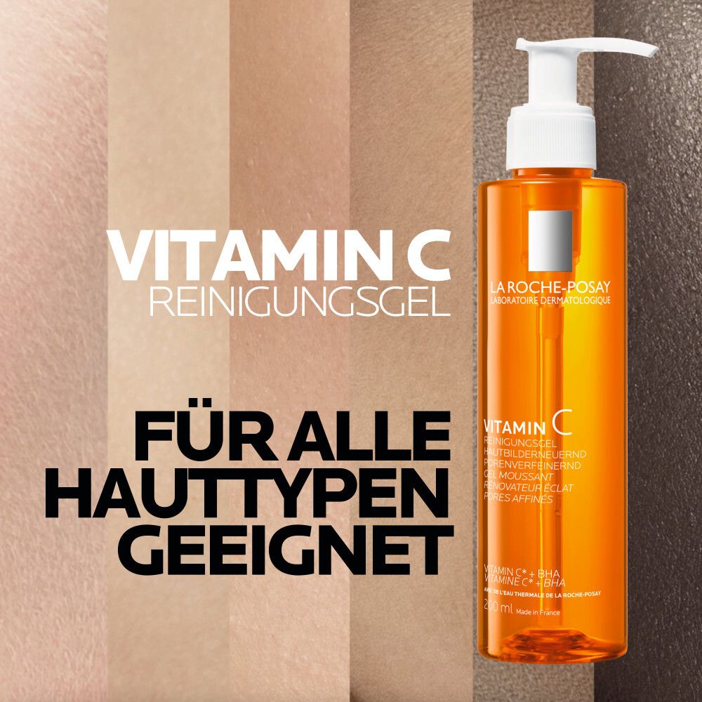 La Roche-Posay Vitamin C Reinigungsgel. Flasche mit Pumpe. Text: Für alle Hauttypen geeignet. Hautfarben im Hintergrund.