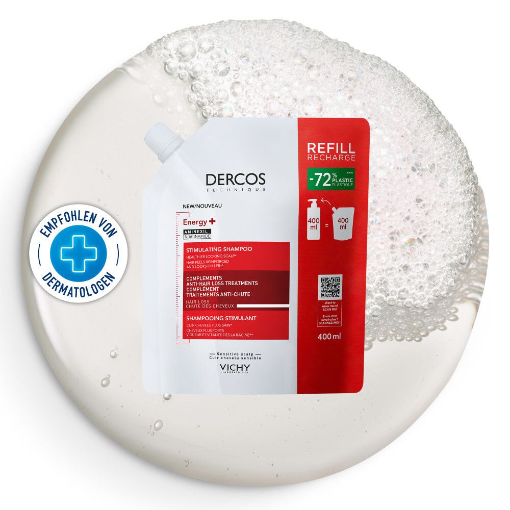 Nachfüllpackung Dercos Shampoo. Weiß-rotes Design, Text: 'Empfohlen von Dermatologen'.