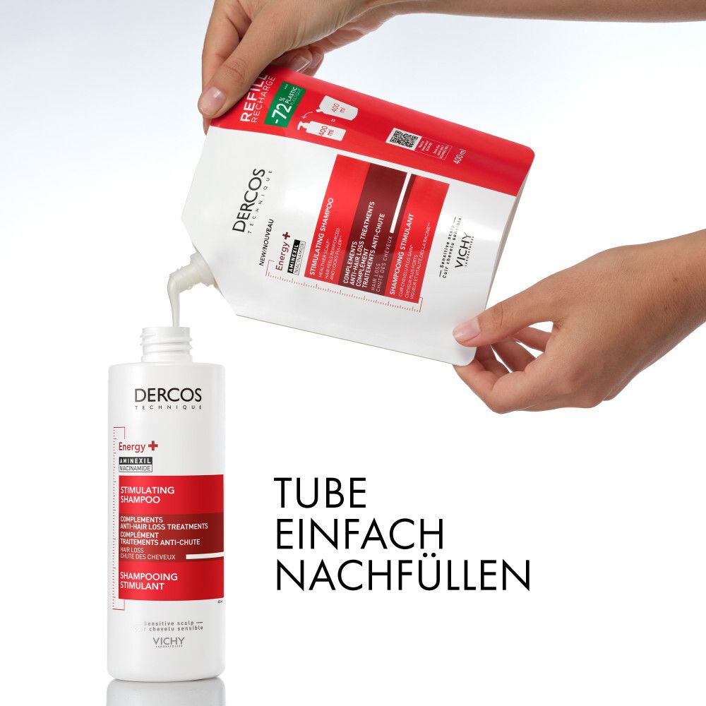 Nachfüllpackung wird in eine Shampoo-Flasche gegossen. Text: 'Tube einfach nachfüllen'.