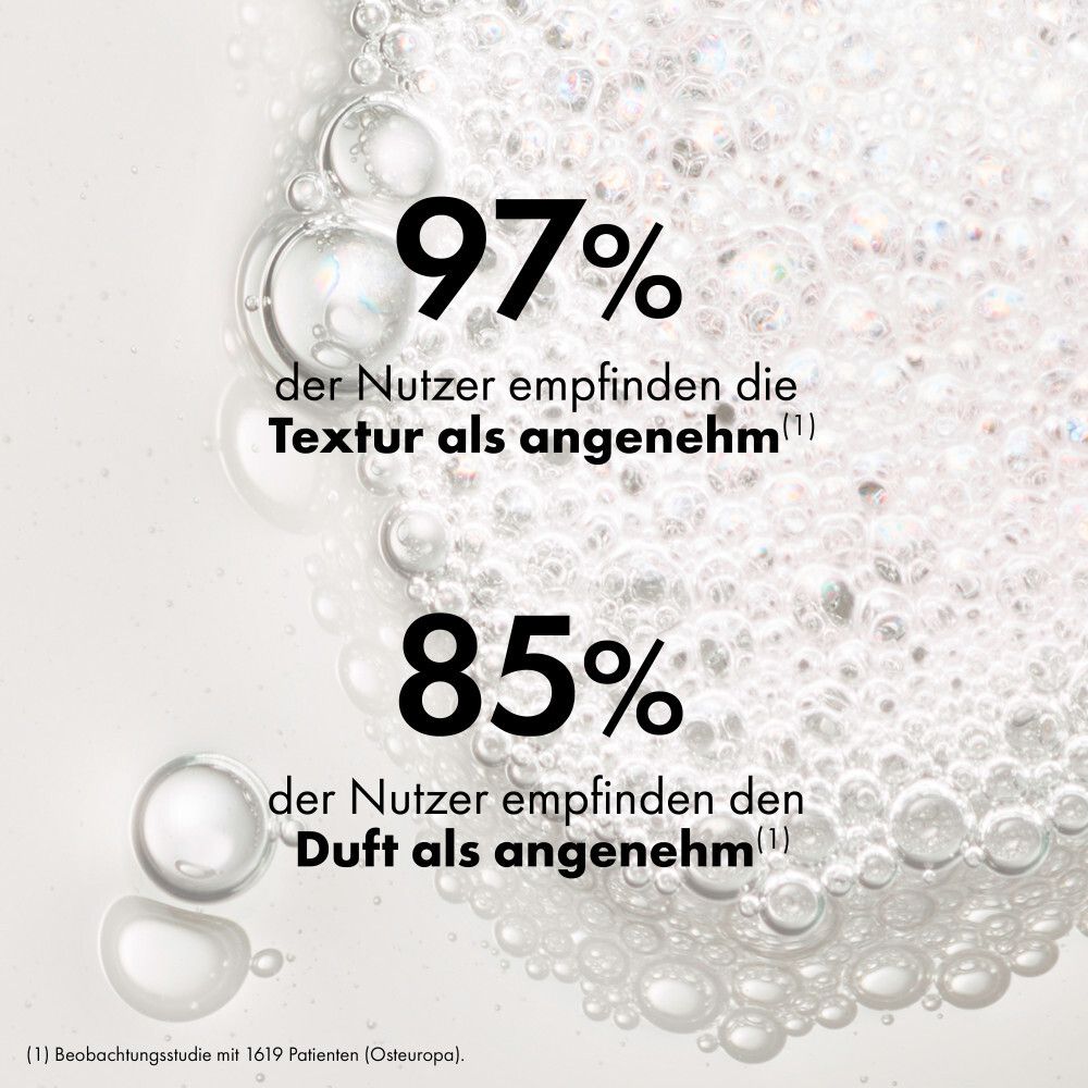 Blasen im Hintergrund. Text: '97% der Nutzer empfinden die Textur als angenehm', '85% der Nutzer empfinden den Duft als angenehm'.