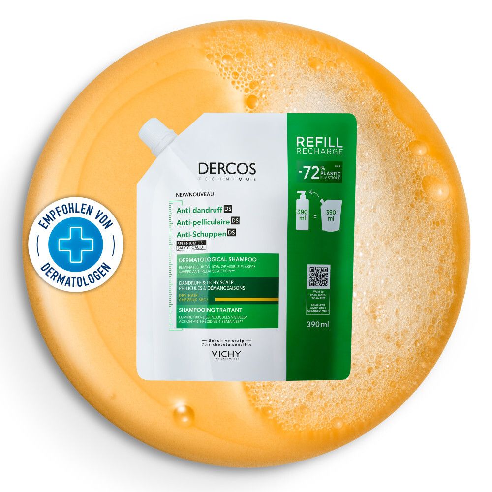 Nachfüllbeutel mit Shampoo. Auf gelbem Hintergrund. Enthält 390 ml. Empfohlen von Dermatologen.