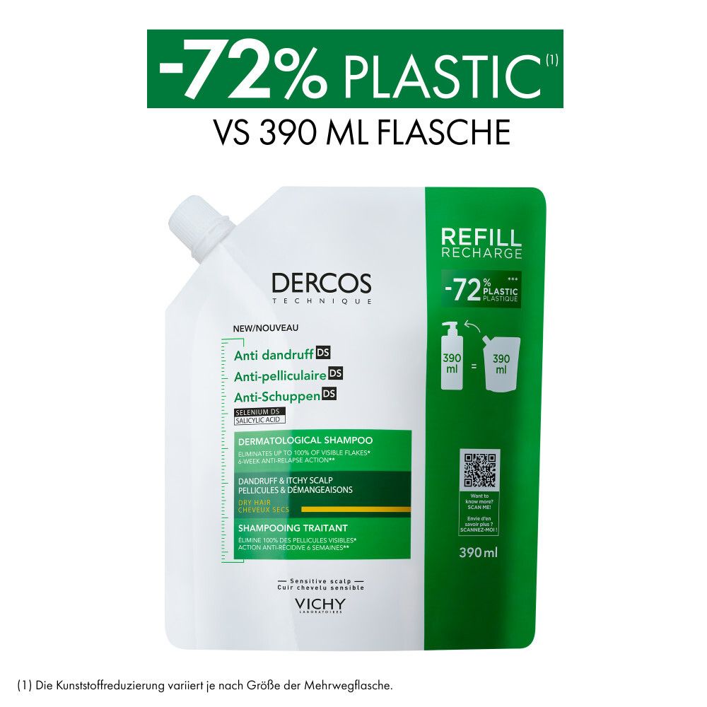 Nachfüllbeutel. -72% Plastik im Vergleich zu einer 390 ml Flasche. Enthält 390 ml.