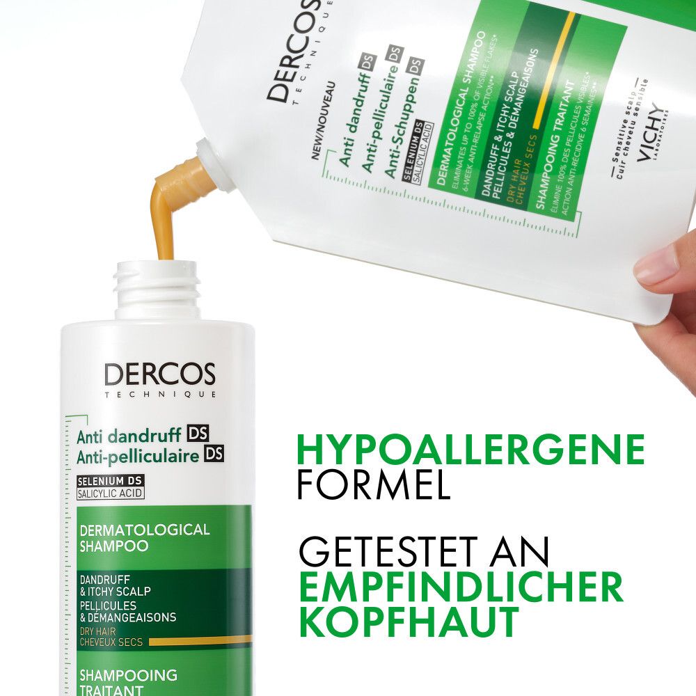 Shampoo wird in eine Flasche gefüllt. Hypoallergene Formel. Getestet an empfindlicher Kopfhaut.
