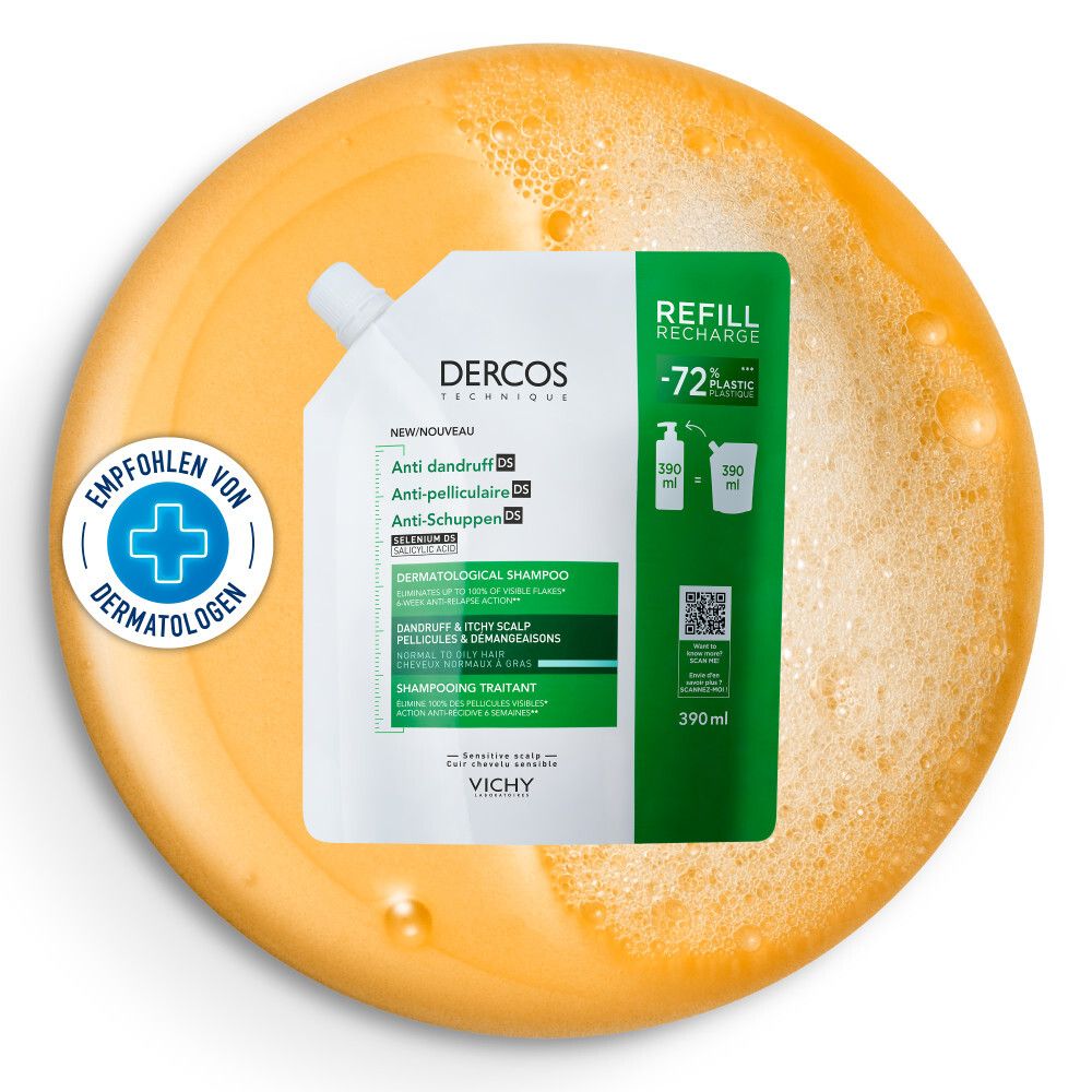 Nachfüllbeutel mit Shampoo in Schaum. Empfohlen von Dermatologen. Vichy Dercos Anti-Schuppen Shampoo.