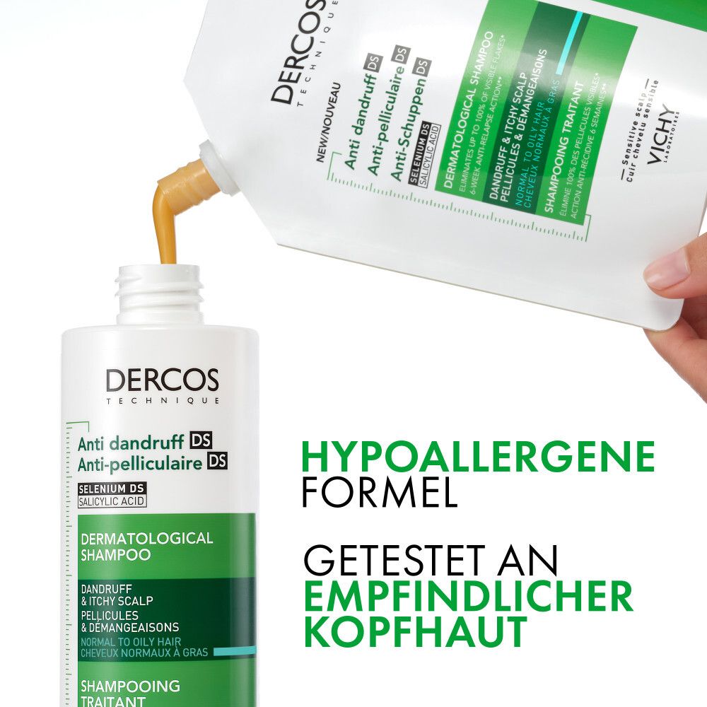 Shampoo wird in eine Flasche gegossen. Hypoallergene Formel. Getestet an empfindlicher Kopfhaut.