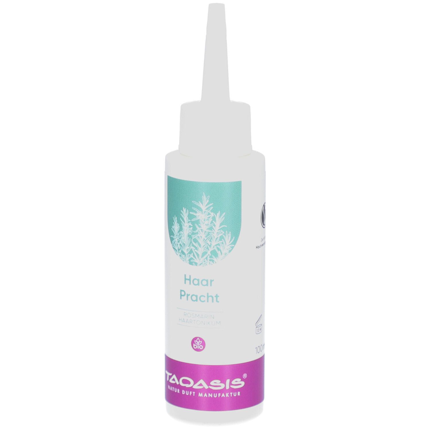 Weiße Flasche mit spitzem Applikator. Aufschrift "Haar Pracht" und Logo. Lila-farbener Streifen mit Markenname.