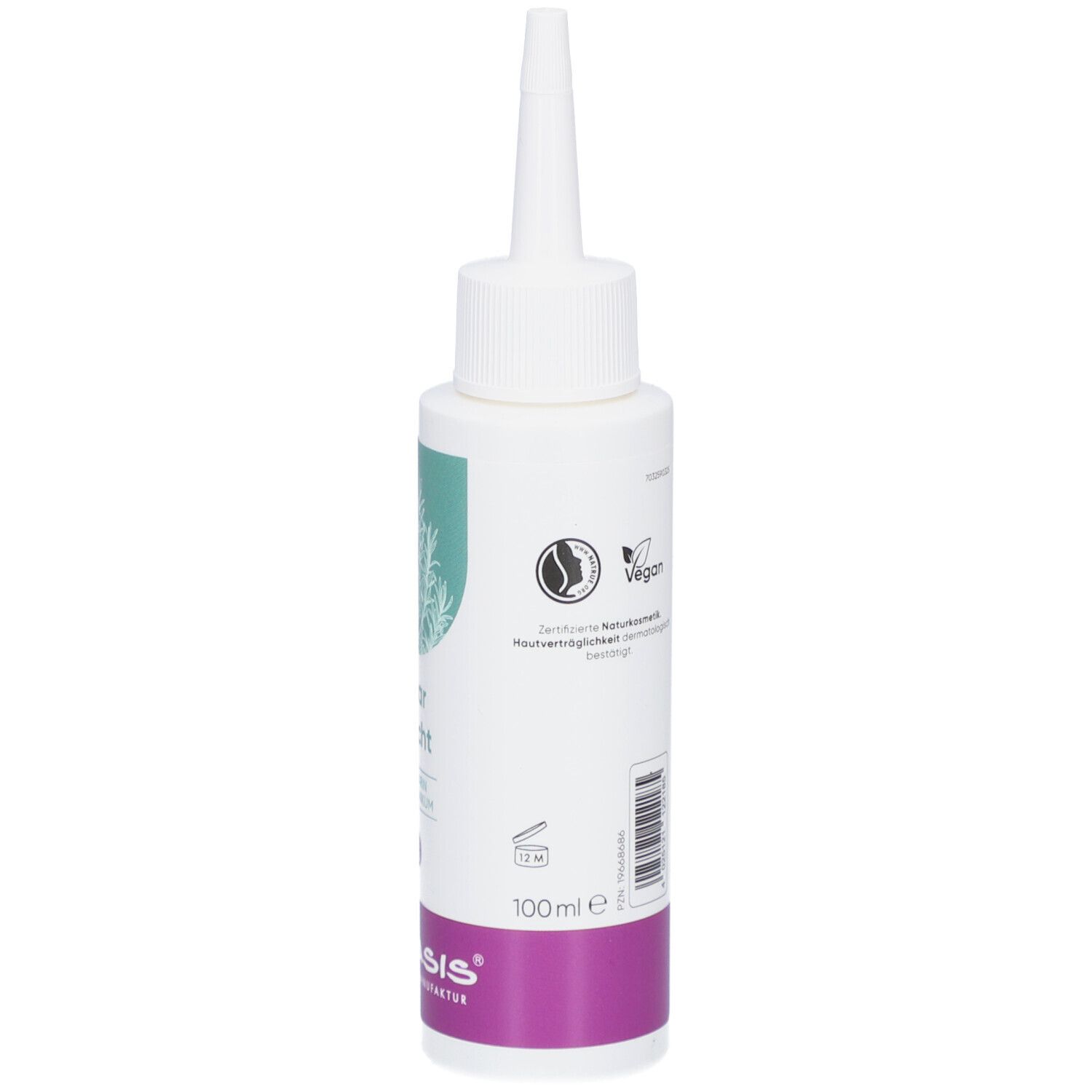 Weiße Flasche mit Text und Logo. Lila-farbener Streifen mit Markenname. Vegan-Logo und Volumenangabe.