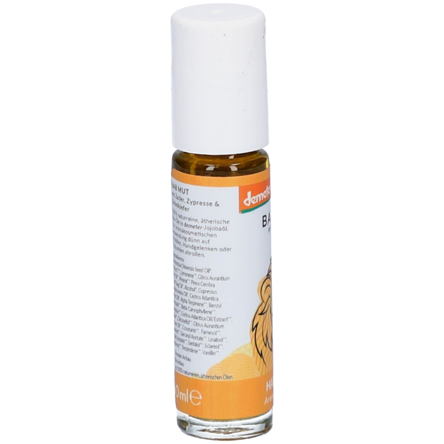 Flacon roll-on avec bouchon blanc. Texte avec ingrédients. Inscription : 10ml.