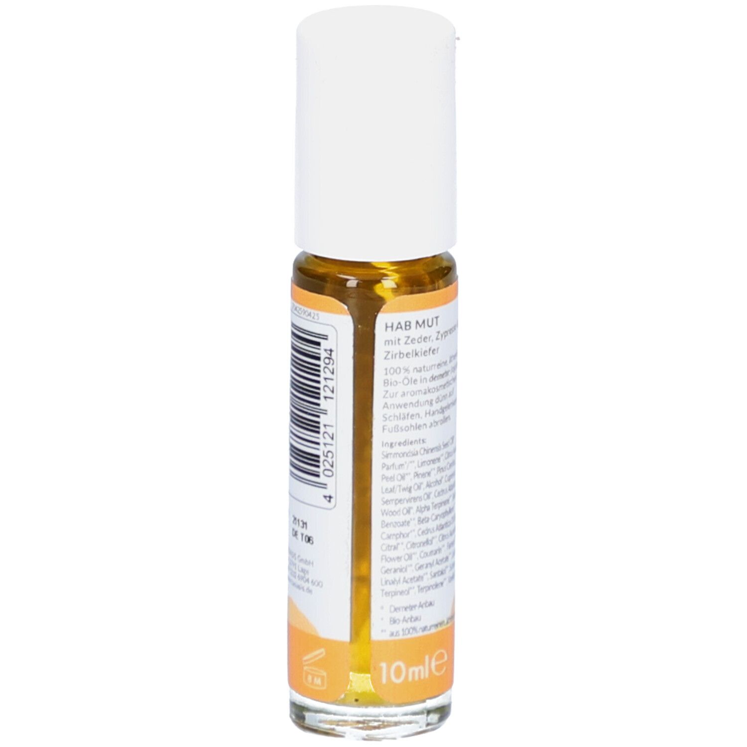 Flacon roll-on avec bouchon blanc. Dos avec texte et code-barres. Inscription : 10ml.