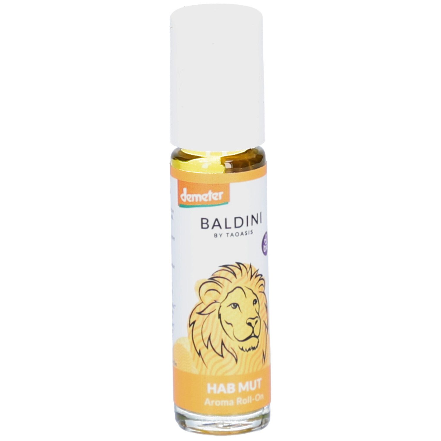 Flacon roll-on avec bouchon blanc. Inscription : BALDINI, HAB MUT. Illustration de lion. Logo Demeter.