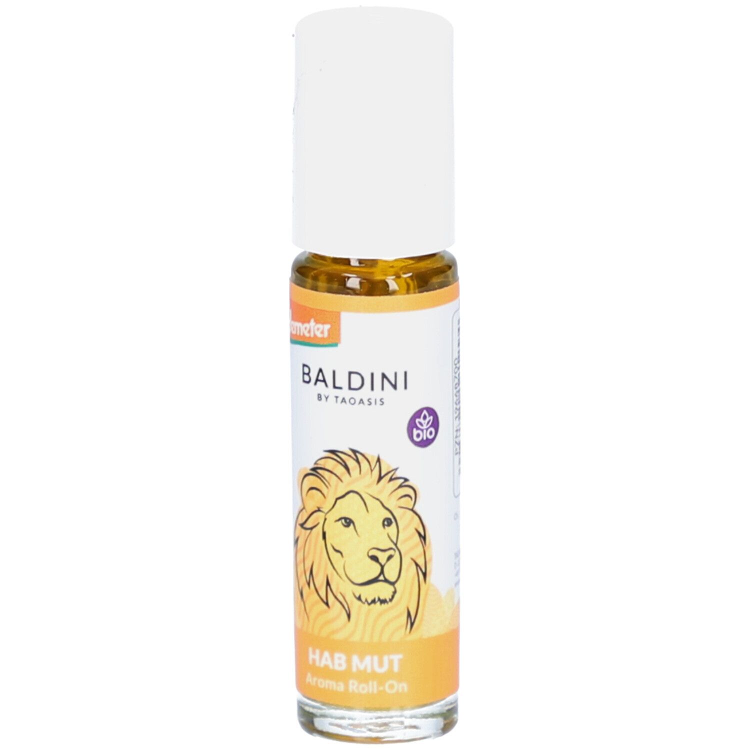 Flacon roll-on avec bouchon blanc. Inscription : BALDINI, HAB MUT. Illustration de lion. Logo bio.