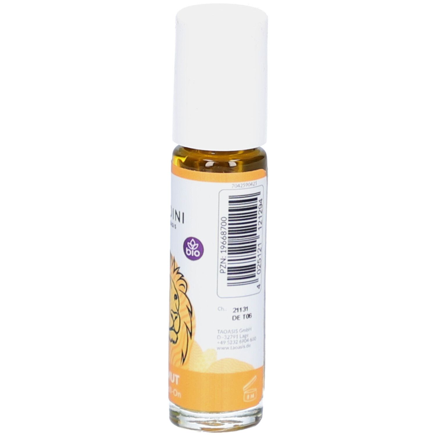 Flacon roll-on avec bouchon blanc. Dos avec texte, code-barres et logo bio. Inscription : 10ml.