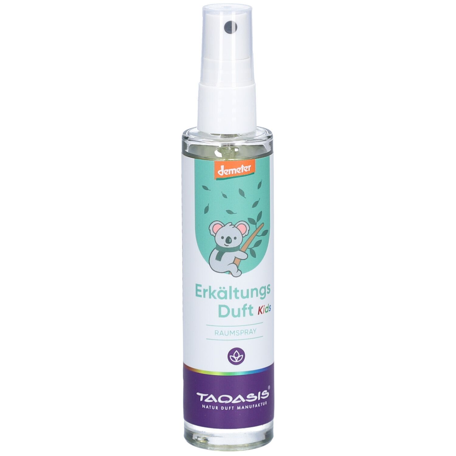 Spray pour la chambre avec tête de pulvérisation blanche. Illustration de koala, texte 'Erkältungs Duft Kids', logo Demeter et 'TAOASIS'.