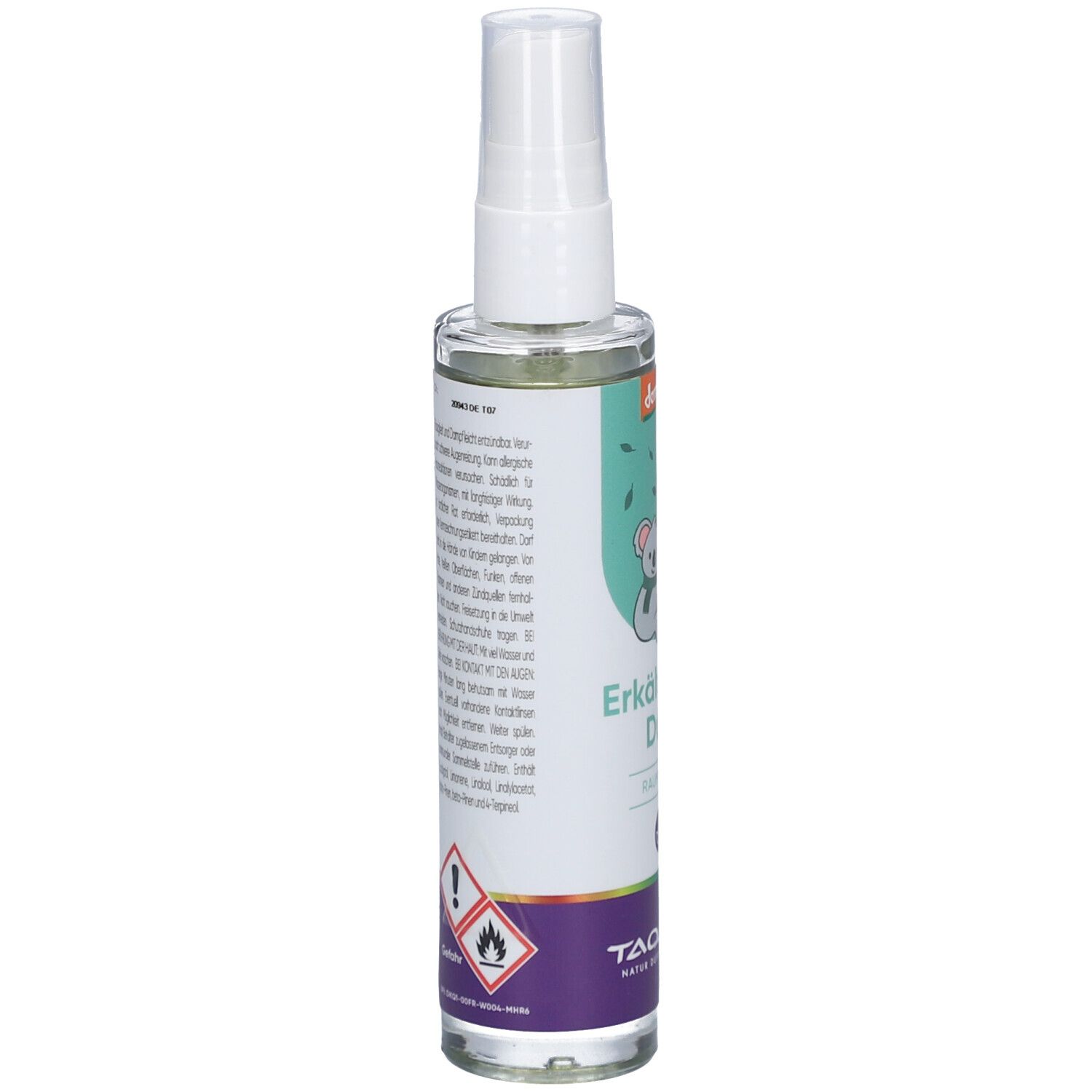 Spray pour la chambre, vue latérale. Étiquette avec texte, symboles d'avertissement et code-barres. Contient des informations sur les ingrédients et les avertissements.