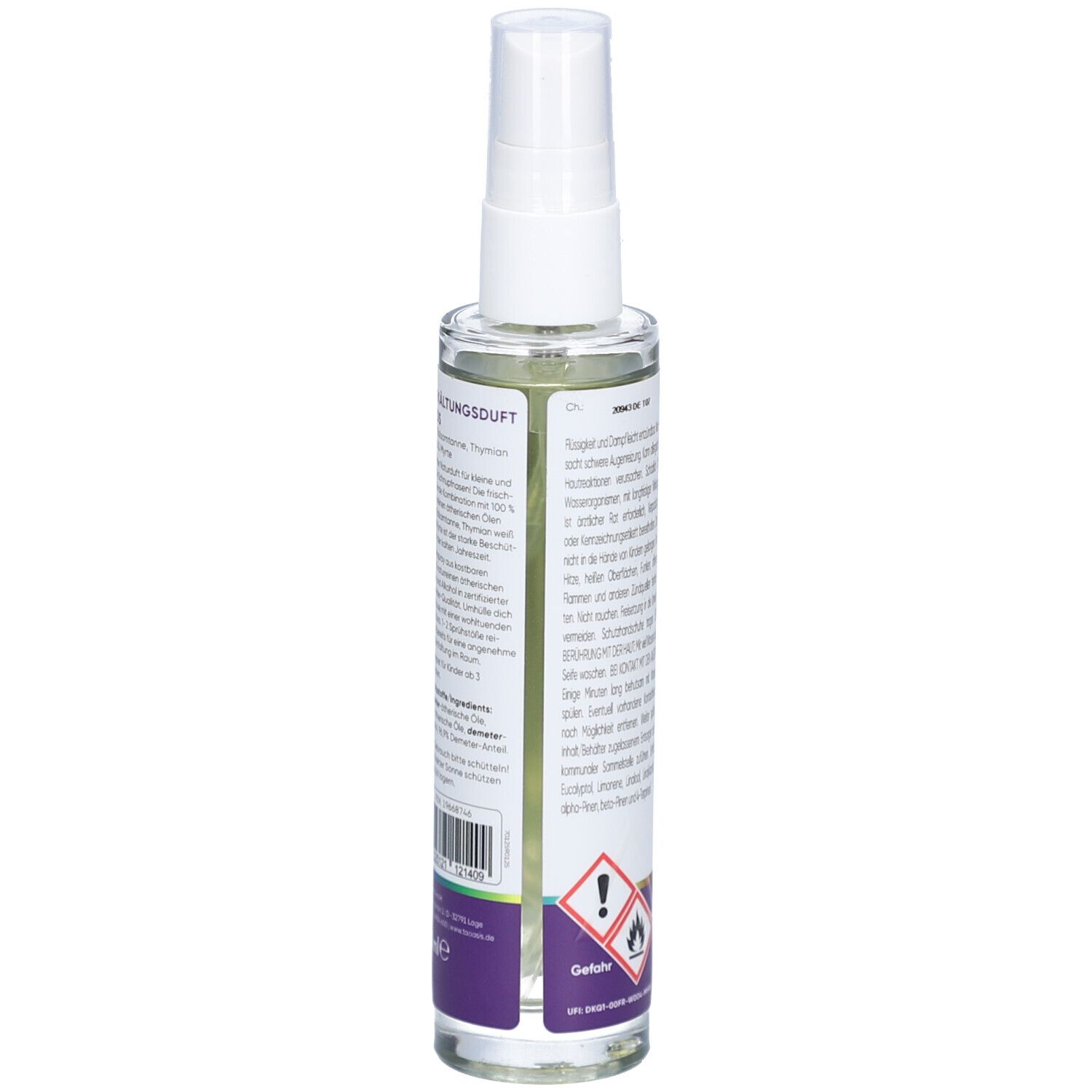 Spray pour la chambre, vue latérale. Étiquette avec texte, symboles d'avertissement et code-barres. Contient des informations sur les ingrédients et les avertissements.