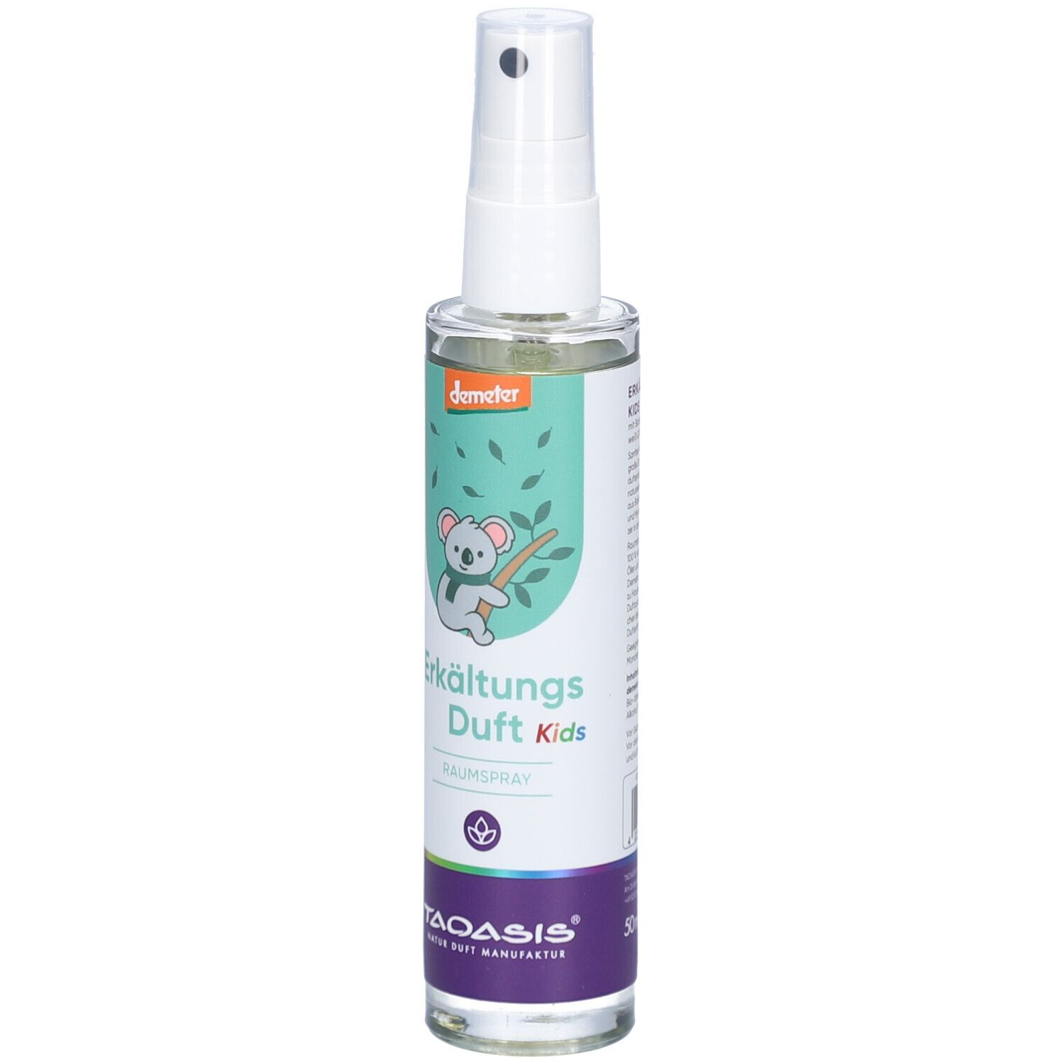 Spray pour la chambre avec tête de pulvérisation blanche. Illustration de koala, texte 'Erkältungs Duft Kids', logo Demeter et 'TAOASIS'.