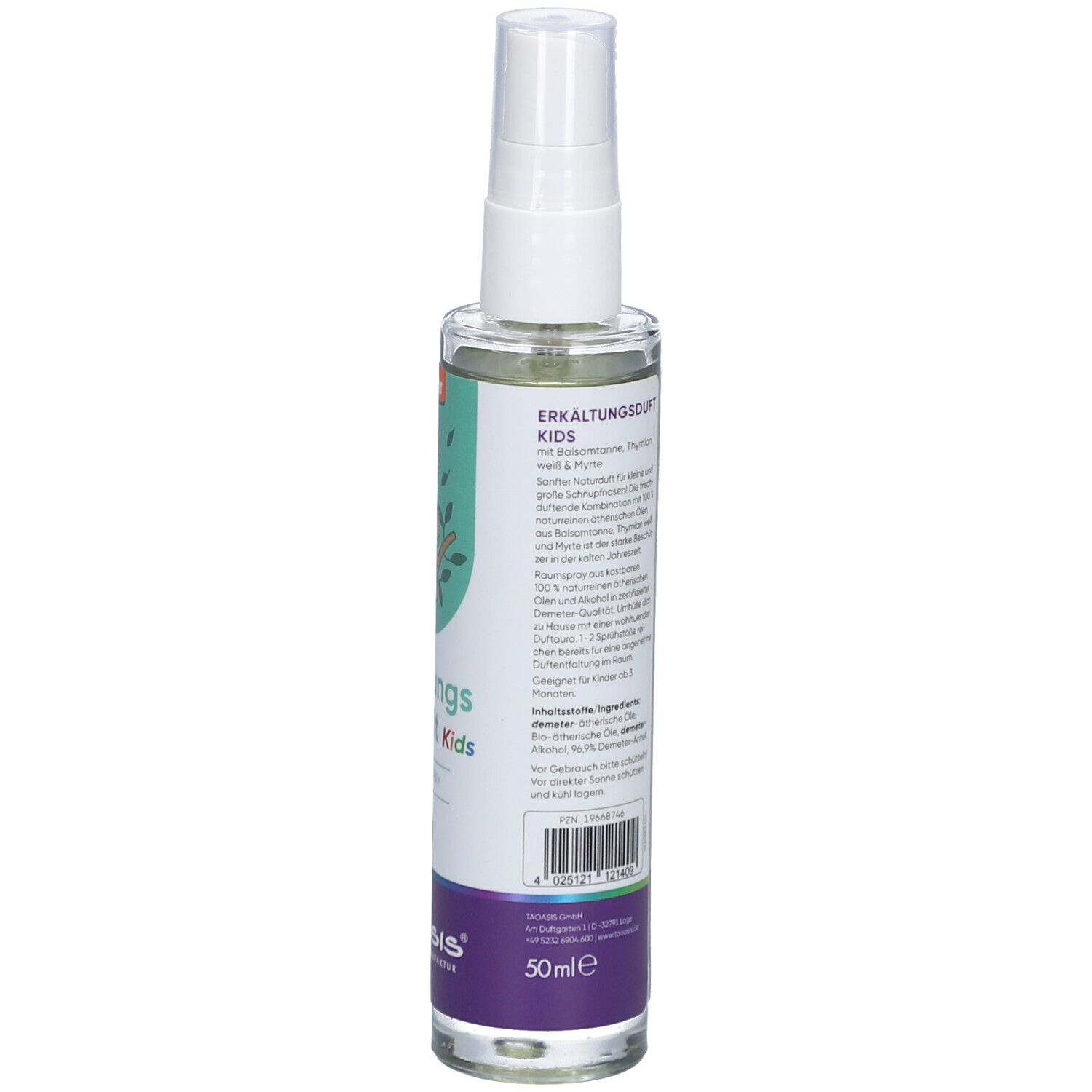 Spray pour la chambre, vue latérale. Étiquette avec texte, symboles d'avertissement et code-barres. Contient des informations sur les ingrédients et les avertissements.