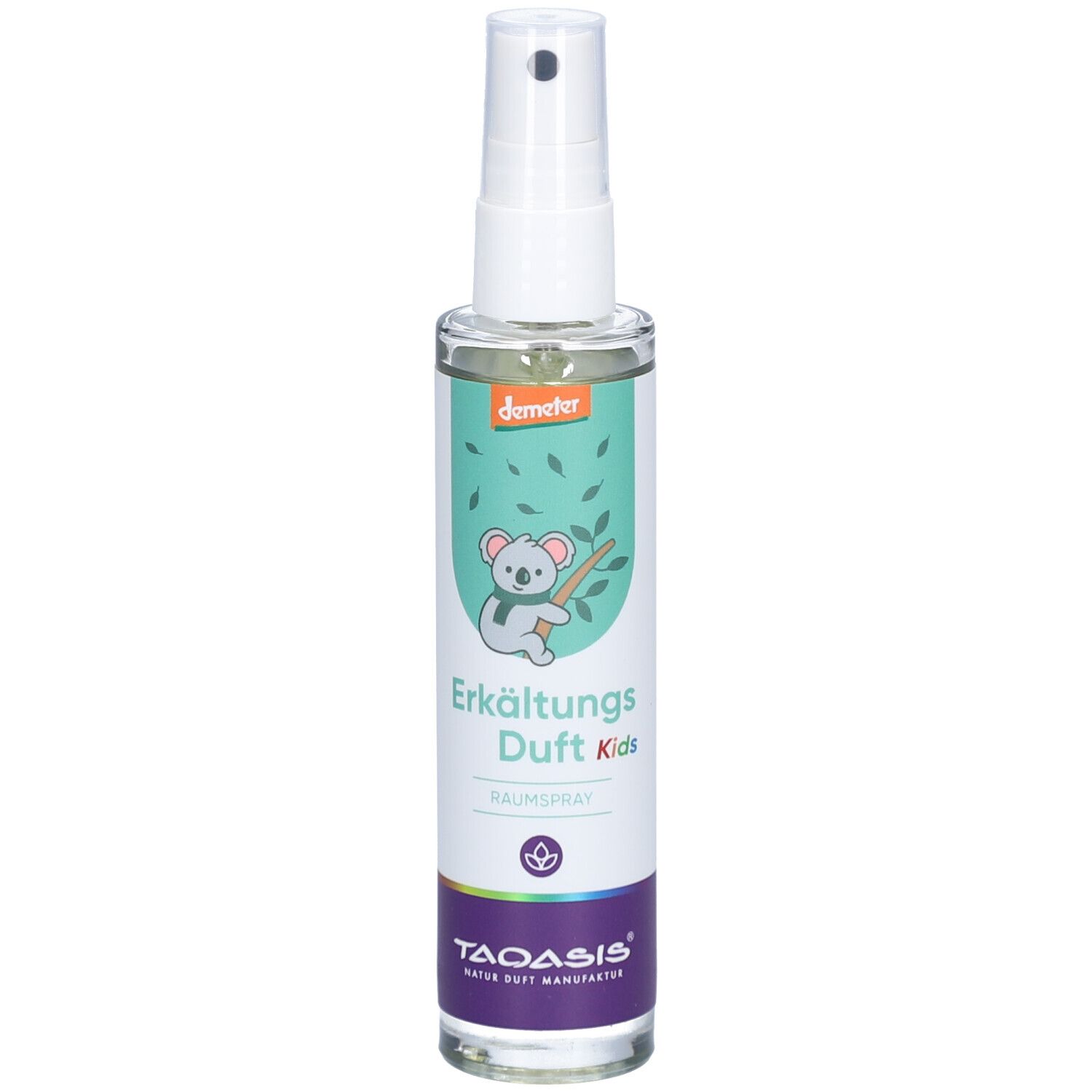 Spray pour la chambre avec tête de pulvérisation blanche. Illustration de koala, texte 'Erkältungs Duft Kids', logo Demeter et 'TAOASIS'.