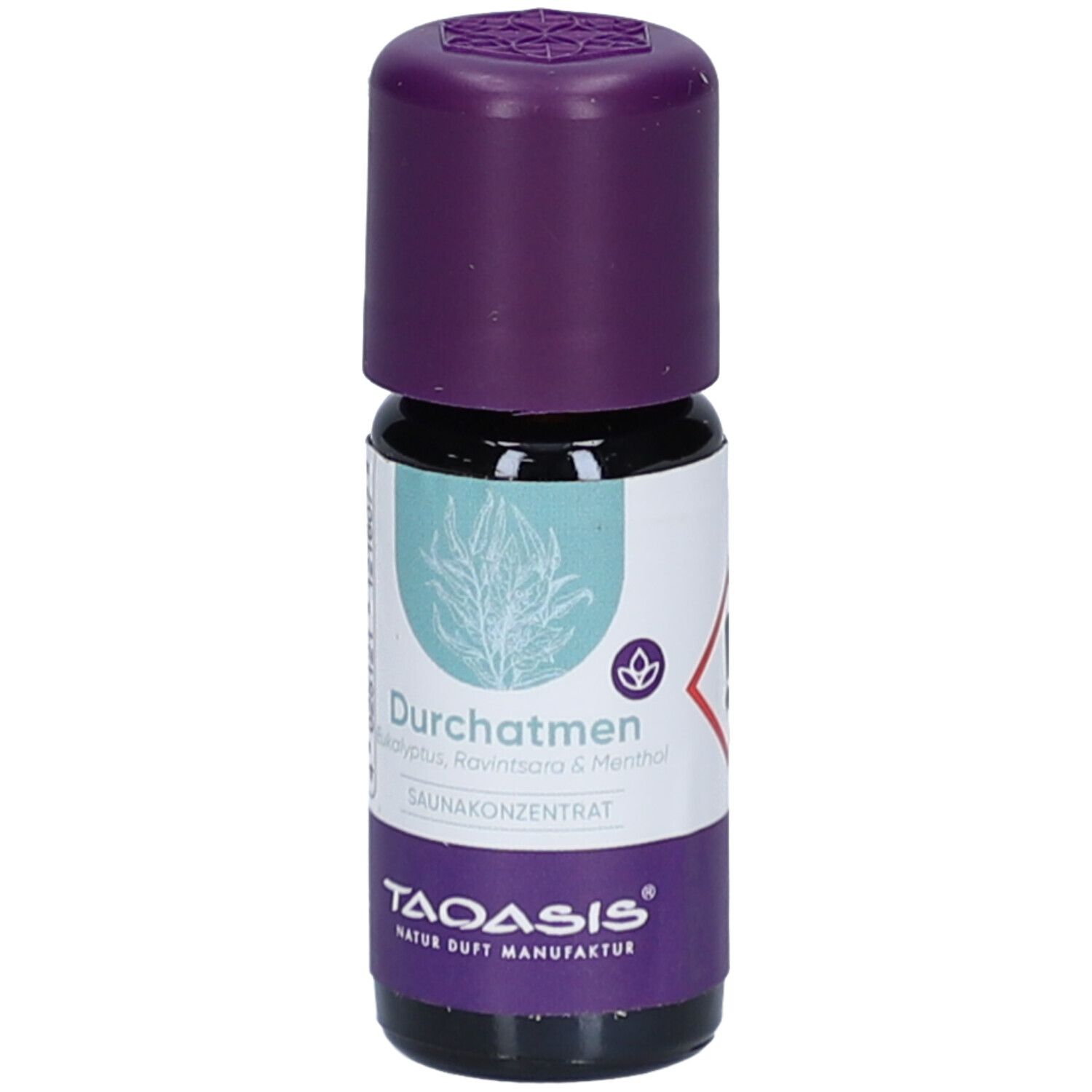 Bouteille en verre marron avec bouchon violet. Inscription : Durchatmen, Sauna Konzentrat. Symbole de danger.