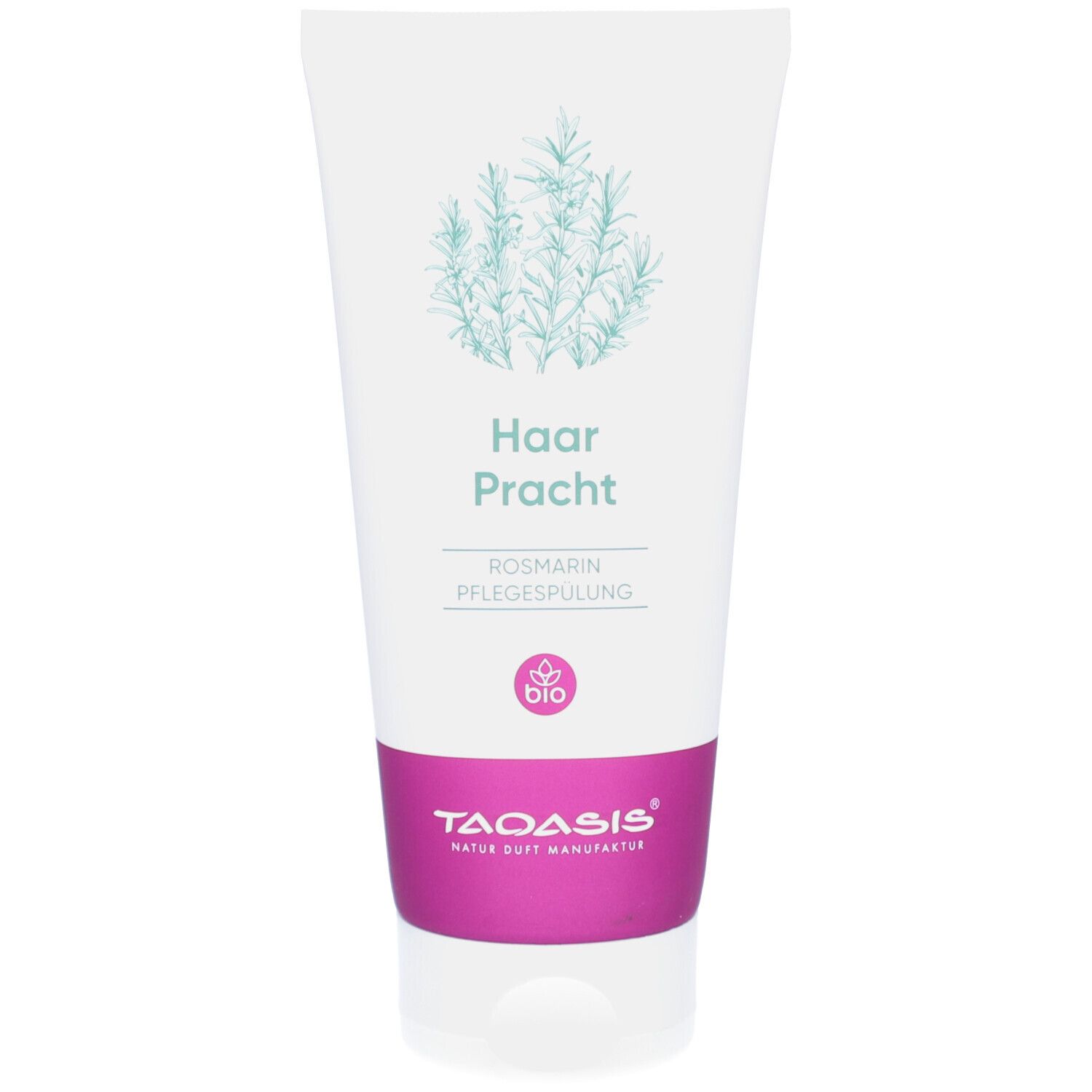 Tube blanche et rose avec « Haar Pracht » et illustration de romarin. Inscription « Rosmarin Pflegespülung » et « TAOASIS ».