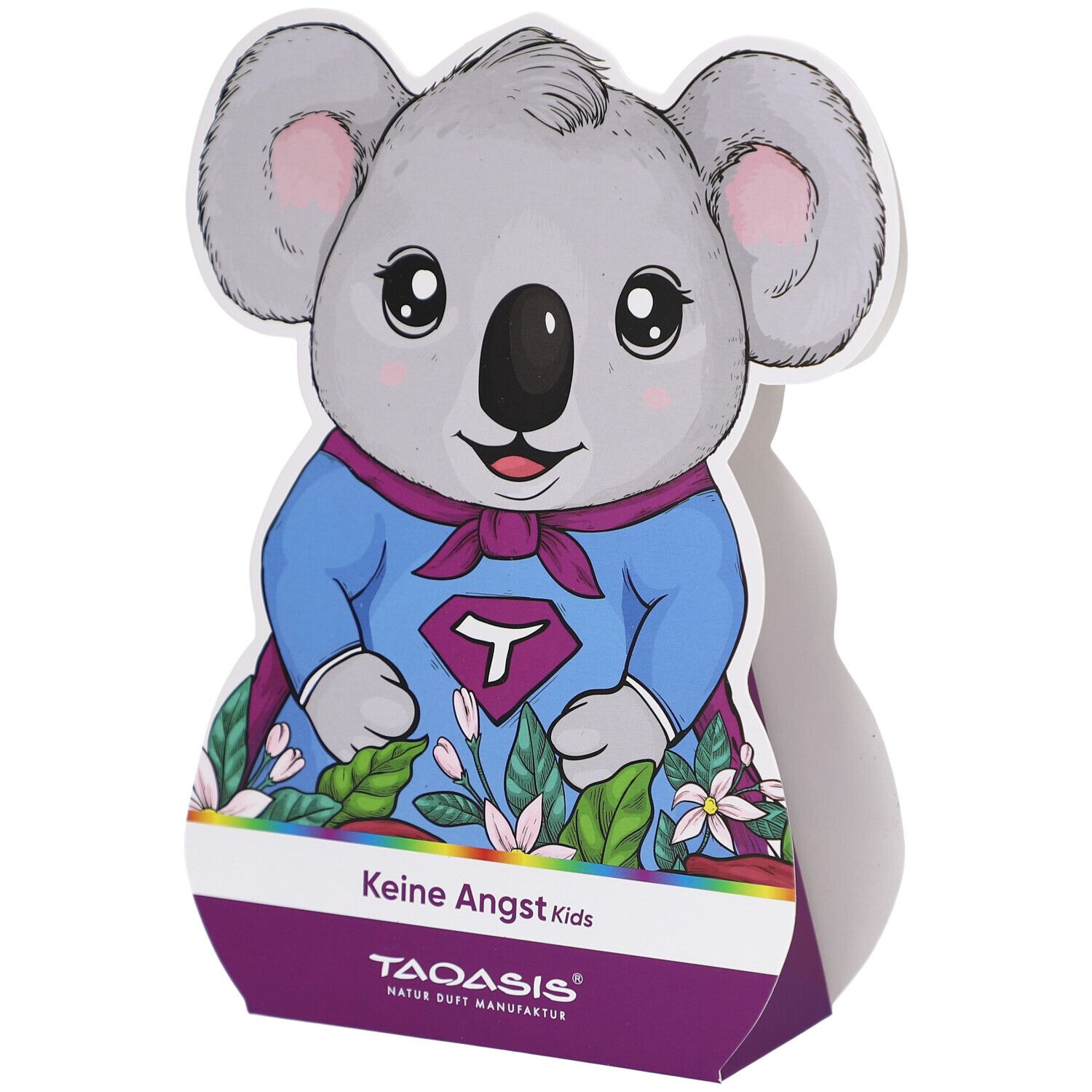 Emballage en forme de koala. Illustration de koala en super-héros. Texte : Keine Angst Kids. Logo : TAOASIS.