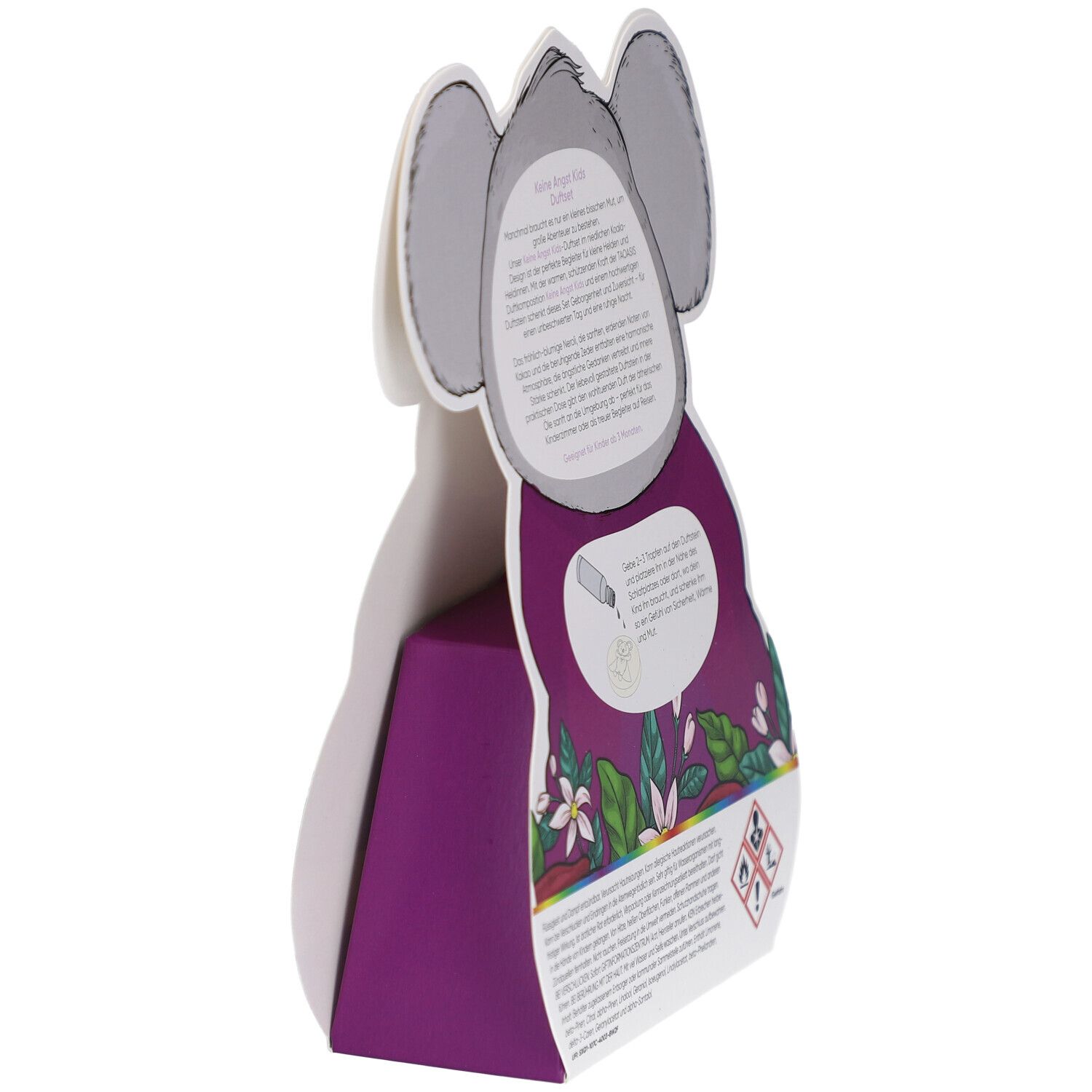 Emballage koala, vue latérale. Dos avec texte et illustrations. Avertissements et pictogrammes.