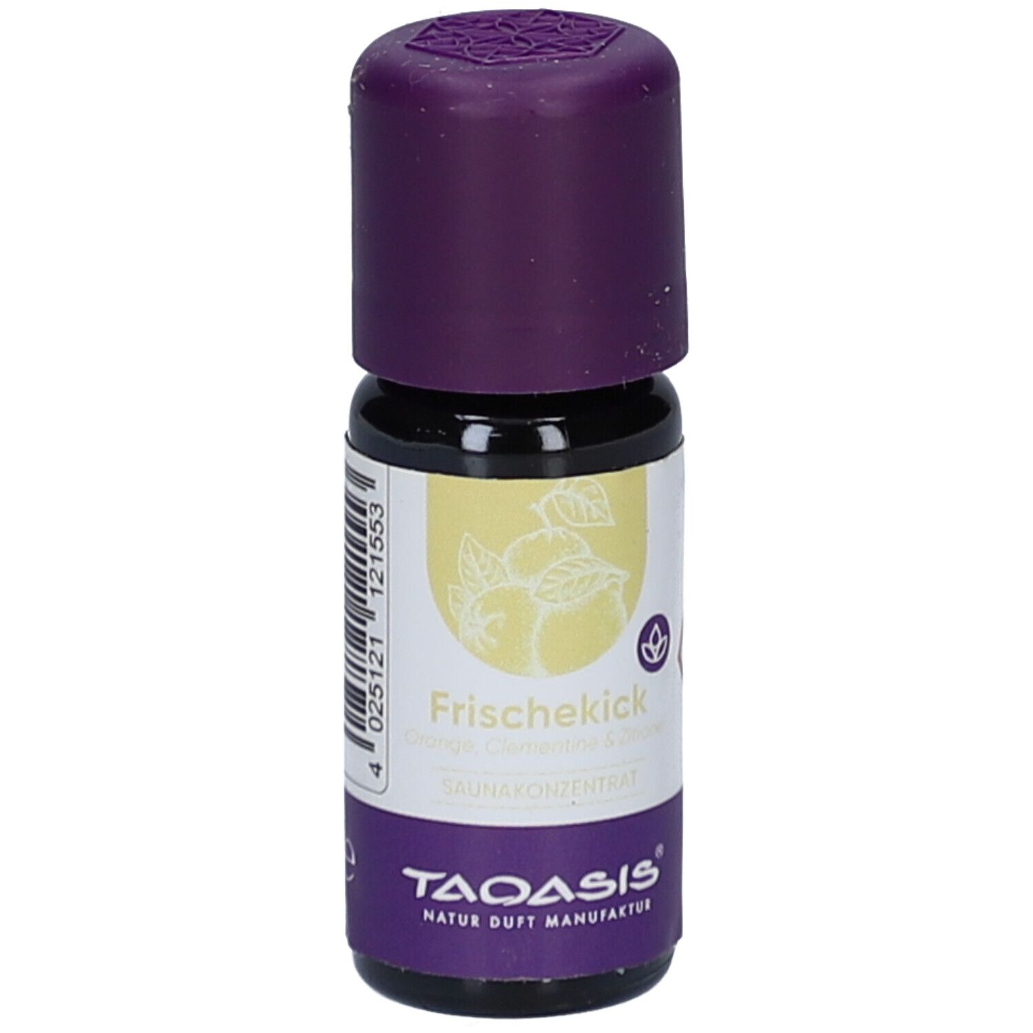 Kleine Glasflasche mit lila Verschluss. Auf dem Etikett steht "Frischekick" und "TAOASIS".